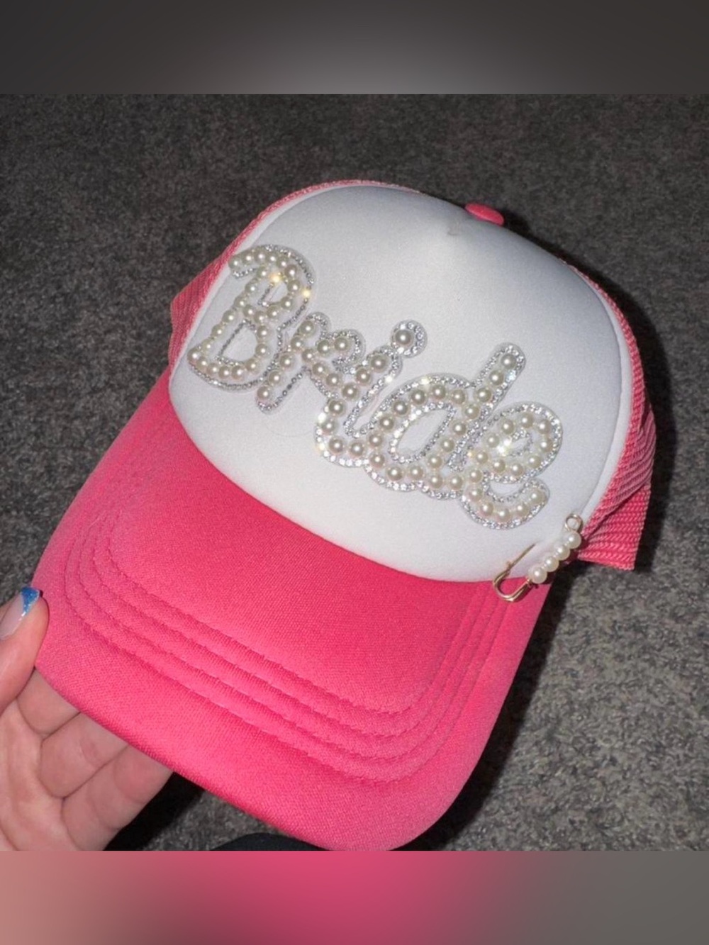 'Bride' Pearl Embellished Pink Trucker Hat